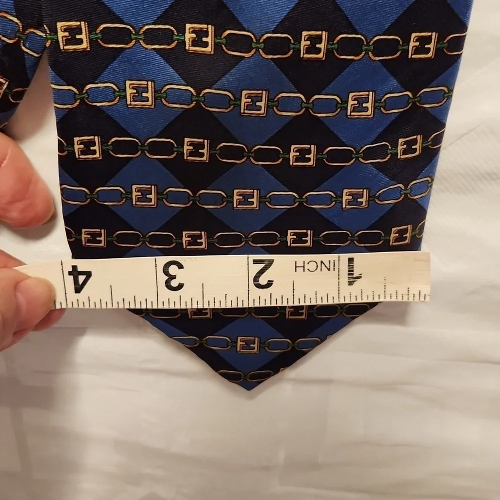 Fendi tan chain and blue/navy Dimond shape silk neck tie
